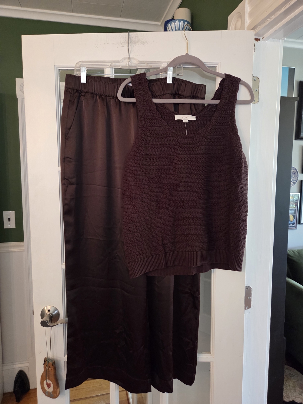 LOFT Brown Crochet Knit Tank and Satin Pant Set - Top/L & Pants/XL